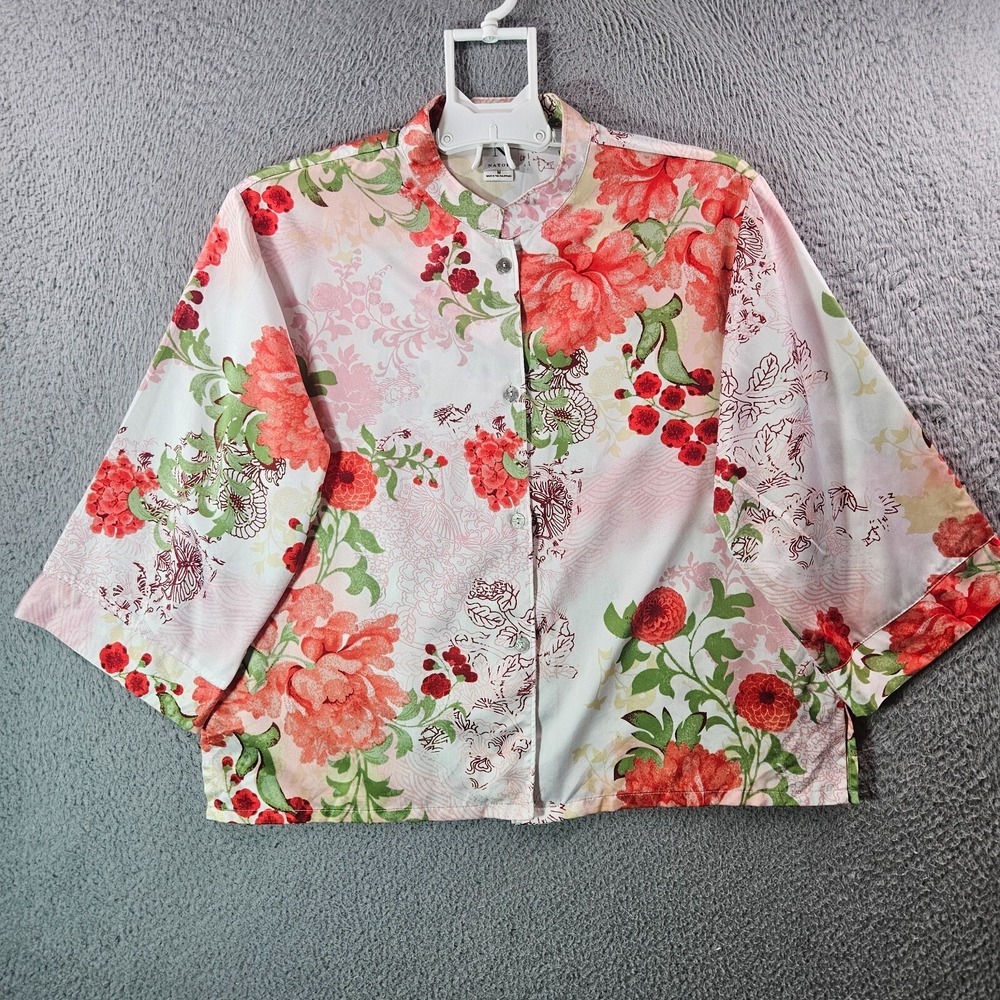 Natori Kimono Top Shirt Women medium Button Up Floral Print Red White Tone‎